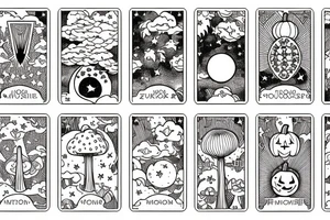 moon tarot card with stars and clouds in sky and field of mushrooms and pumpkins tattoo idea
