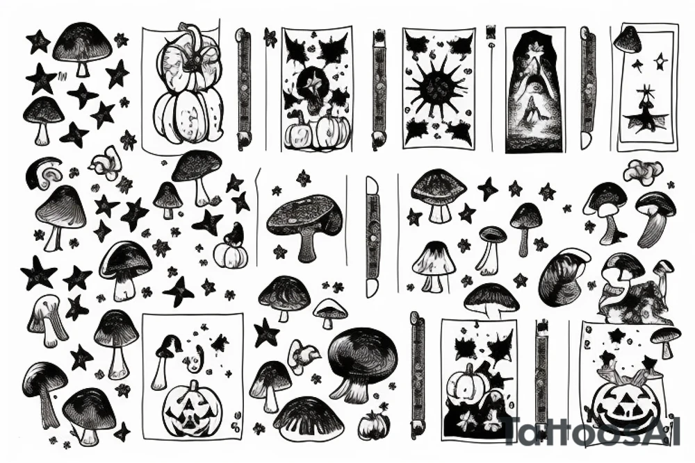 tarot card with stars and clouds in sky and field of mushrooms and pumpkins tattoo idea