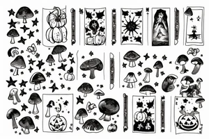tarot card with stars and clouds in sky and field of mushrooms and pumpkins tattoo idea