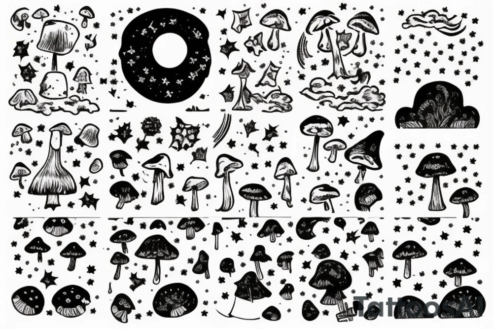 tarot card with stars and clouds in sky and field of mushrooms and pumpkins tattoo idea
