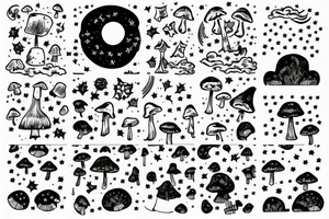 tarot card with stars and clouds in sky and field of mushrooms and pumpkins tattoo idea