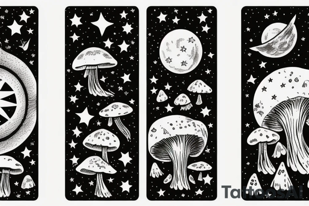 tarot card with moon in sky, stars and clouds in sky and field of mushrooms and pumpkins tattoo idea