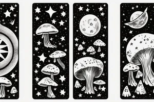 tarot card with moon in sky, stars and clouds in sky and field of mushrooms and pumpkins tattoo idea