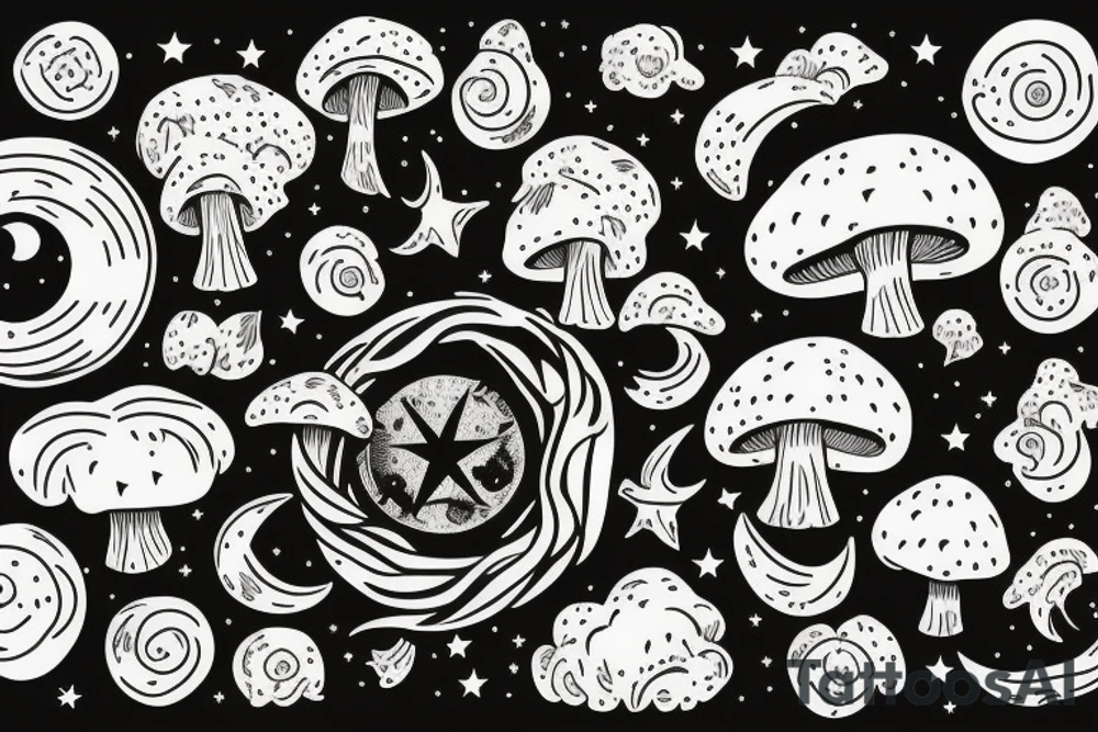 tarot card with moon in sky, stars and clouds in sky and field of mushrooms and pumpkins tattoo idea