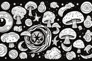 tarot card with moon in sky, stars and clouds in sky and field of mushrooms and pumpkins tattoo idea