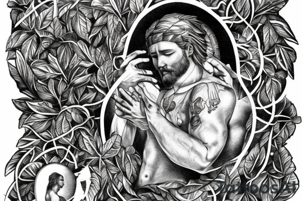 Man bowing before god as the centerpiece, there are guardian angels in the background, details of leaves and vines, an hourglass to symbolize time. The devil tries to reach man but the man’s faith in god keeps him protected by god’s aura and grace tattoo idea