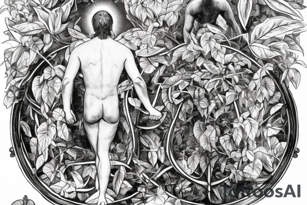 Man bowing before god as the centerpiece, there are guardian angels in the background, details of leaves and vines, an hourglass to symbolize time. The devil tries to reach man but the man’s faith in god keeps him protected by god’s aura and grace tattoo idea