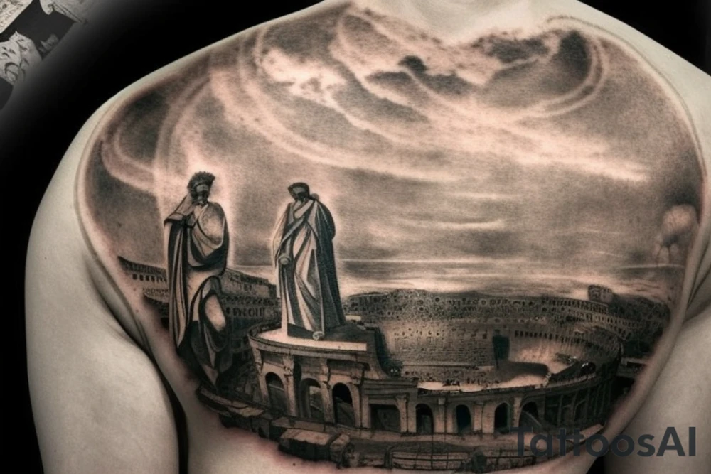 Man bowing before god’s face as the centerpiece, there are guardian angels in the background, an hourglass to symbolize the man’s limited time. The devil tries to tempt the man but the man’s faith in god keeps him protected by god’s aura and grace. Roman style tattoo with colosseums and inspired by roman art, marcus aurelius tattoo idea