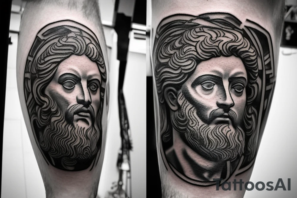 Man bowing before god’s face as the centerpiece, there are guardian angels in the background, an hourglass to symbolize the man’s limited time. The devil tries to tempt the man but the man’s faith in god keeps him protected by god’s aura and grace. Roman style tattoo with colosseums and inspired by roman art, marcus aurelius tattoo idea