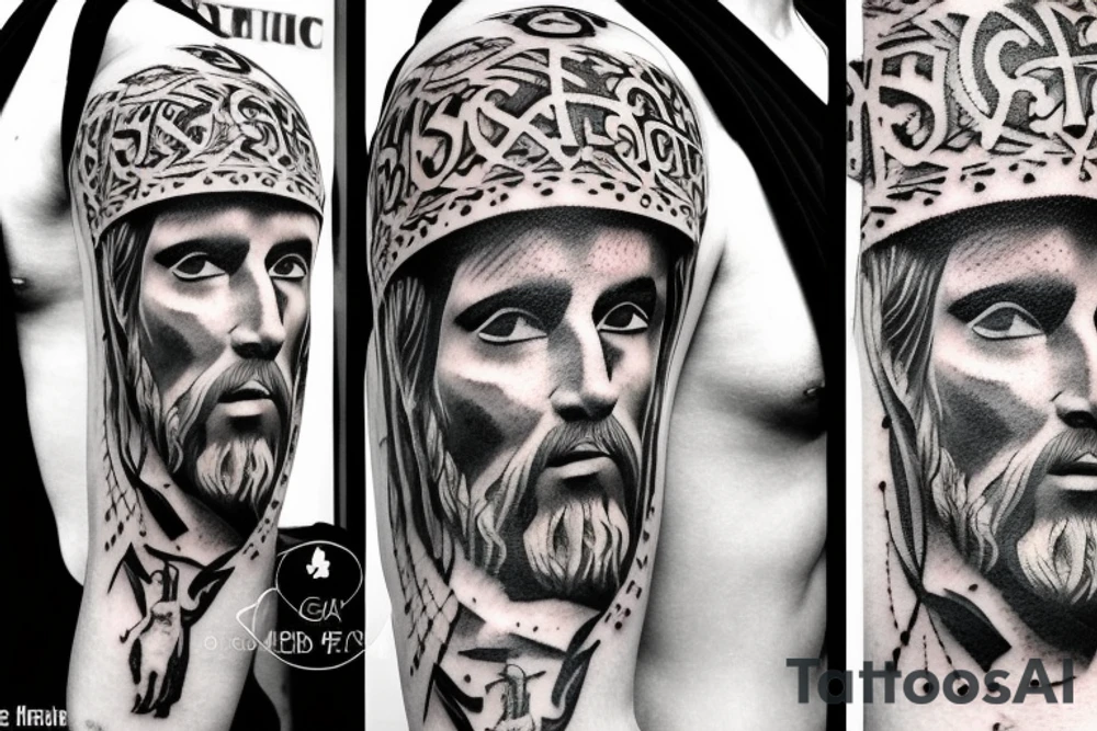 Roman style tattoo, stoic facial expressions. God’s face is the center piece and takes up the majority of the drawing. Man prostrates himself before god in prayer. tattoo idea