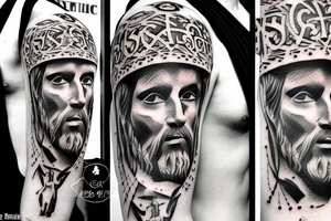 Roman style tattoo, stoic facial expressions. God’s face is the center piece and takes up the majority of the drawing. Man prostrates himself before god in prayer. tattoo idea