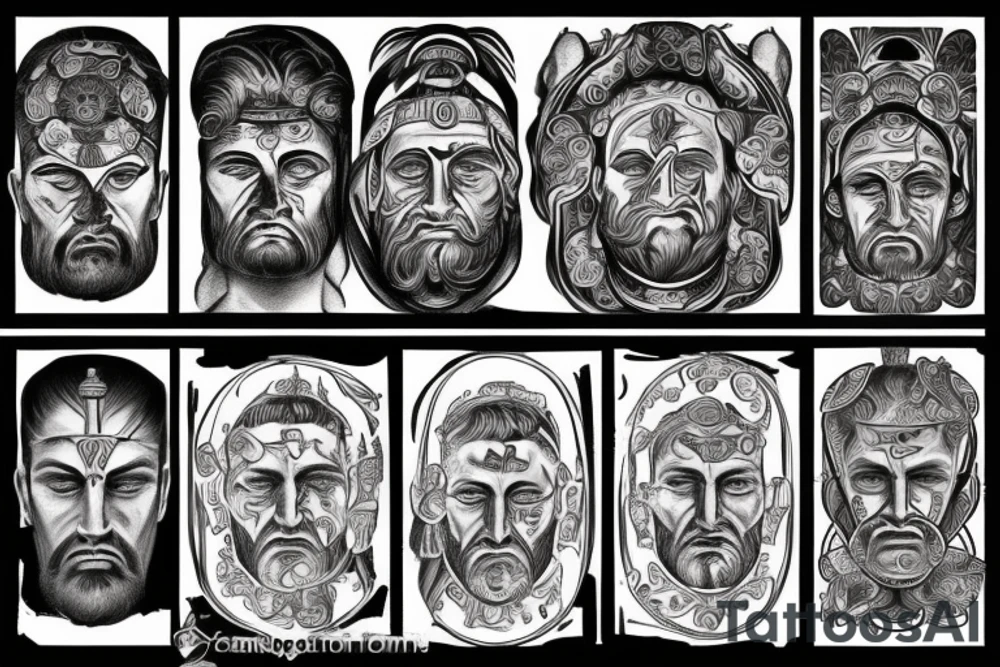 Roman style tattoo, stoic facial expressions. God’s face is the center piece and takes up the majority of the drawing. Man prostrates himself before god in prayer. tattoo idea