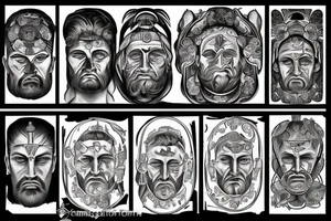 Roman style tattoo, stoic facial expressions. God’s face is the center piece and takes up the majority of the drawing. Man prostrates himself before god in prayer. tattoo idea