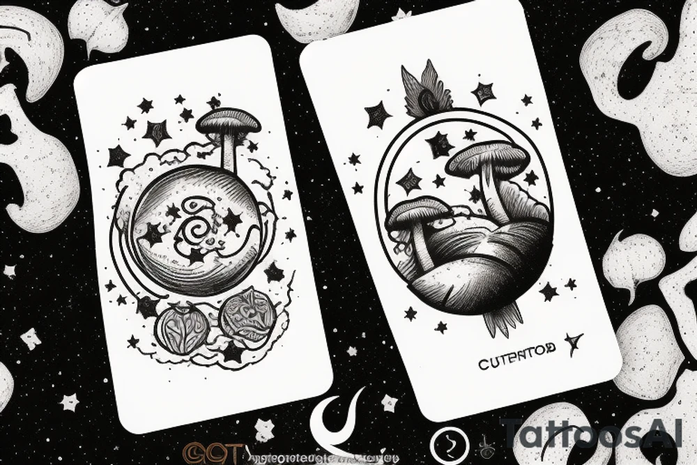 Tarot card with crescent moon in the night sky surrounded by clouds and stars. The bottom is a field full of mushrooms and pumpkins tattoo idea