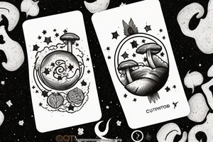 Tarot card with crescent moon in the night sky surrounded by clouds and stars. The bottom is a field full of mushrooms and pumpkins tattoo idea