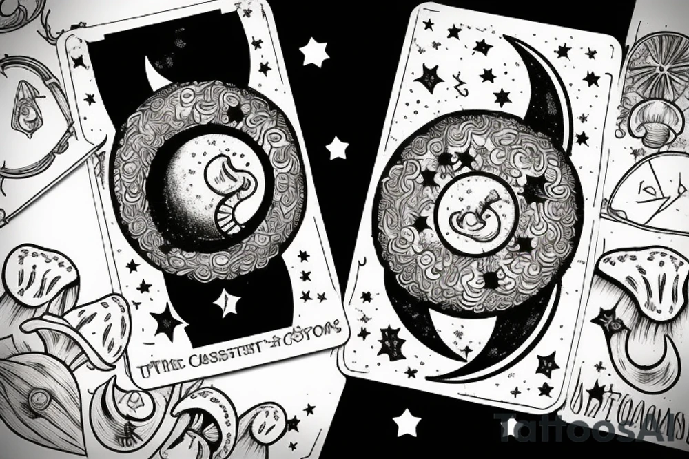 Tarot card with crescent moon in the night sky surrounded by clouds and stars. The bottom is a field full of mushrooms and pumpkins tattoo idea