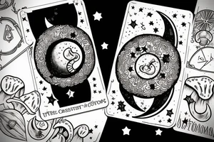 Tarot card with crescent moon in the night sky surrounded by clouds and stars. The bottom is a field full of mushrooms and pumpkins tattoo idea