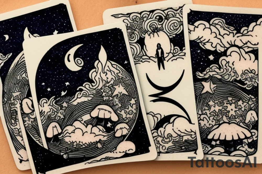 Tarot card with crescent moon in the night sky surrounded by clouds and stars. The bottom is a field full of mushrooms and pumpkins tattoo idea