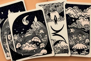Tarot card with crescent moon in the night sky surrounded by clouds and stars. The bottom is a field full of mushrooms and pumpkins tattoo idea