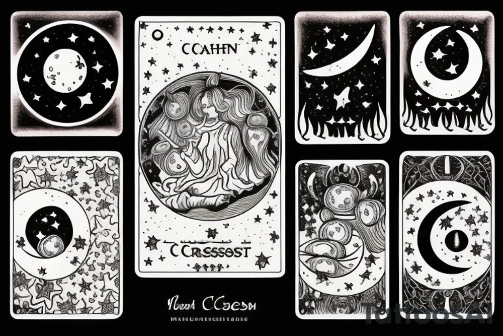 Tarot card with crescent moon in the night sky surrounded by clouds and stars. The bottom is a field full of mushrooms and pumpkins tattoo idea