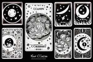 Tarot card with crescent moon in the night sky surrounded by clouds and stars. The bottom is a field full of mushrooms and pumpkins tattoo idea