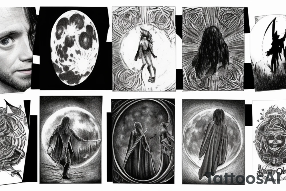 pippin from lord of the rings looking up at a large full moon tattoo idea