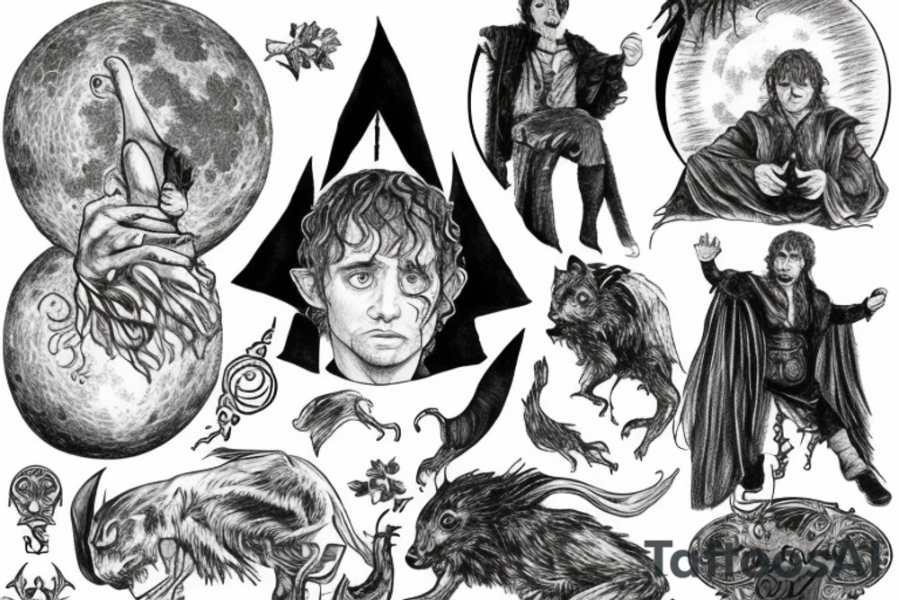 pippin from lord of the rings looking up at a large full moon tattoo idea