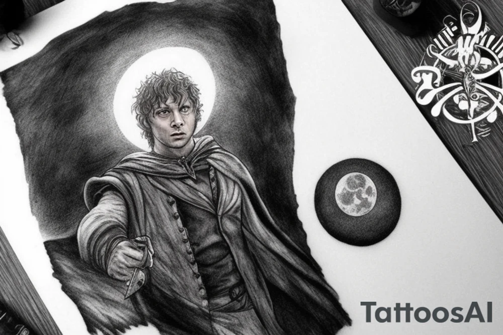 pippin from lord of the rings looking up at a large full moon tattoo idea