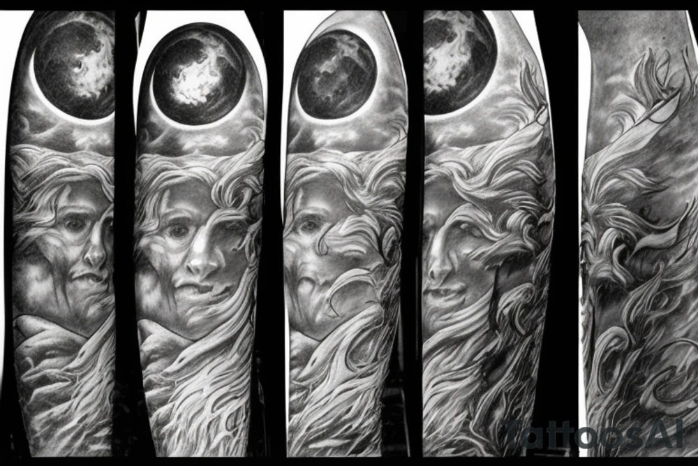 pippin from lord of the rings looking up at a large full moon tattoo idea
