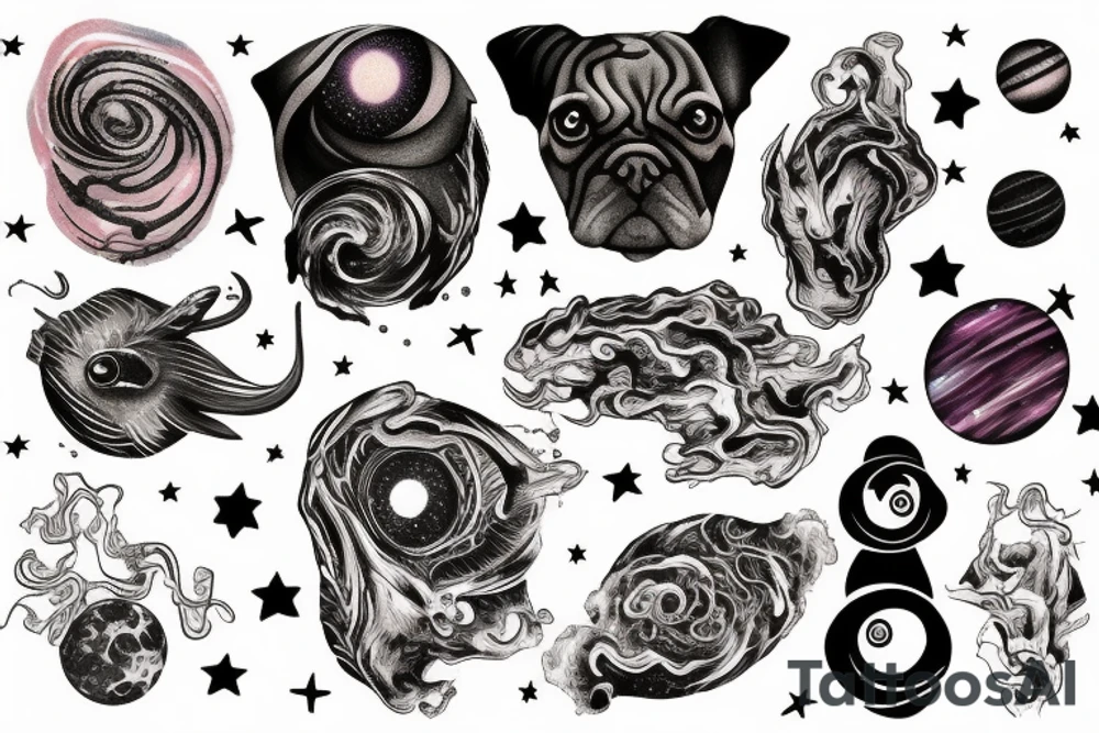 Dog intertwined with space nebula tattoo idea