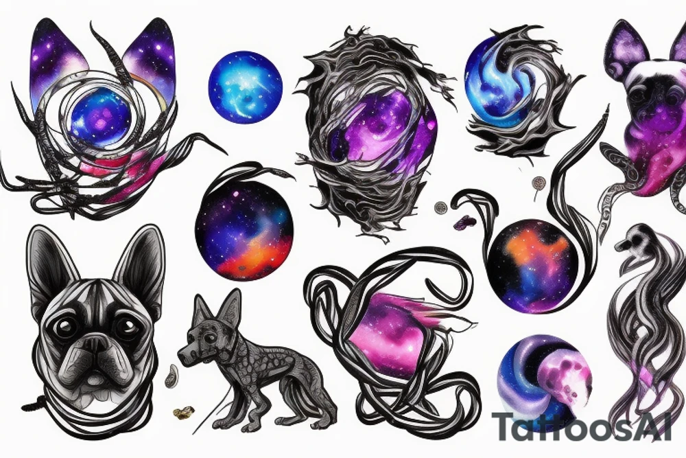 Dog intertwined with space nebula tattoo idea