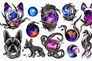 Dog intertwined with space nebula tattoo idea