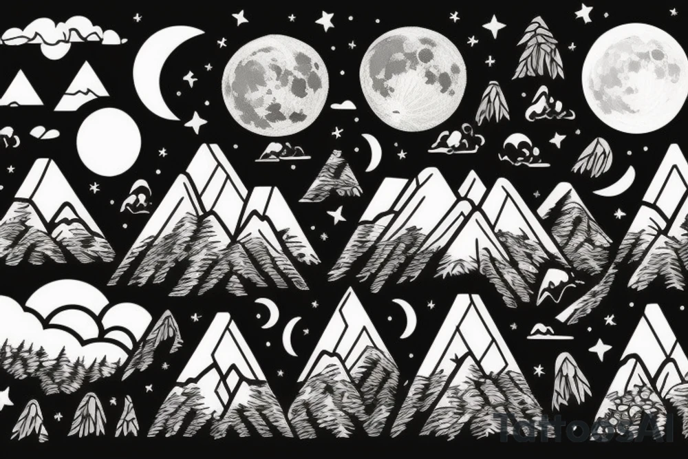 a few pieces of wheat in front of a mountain with a forest around it at night with the moon shining down tattoo idea