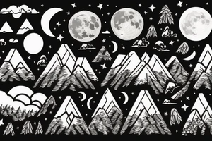 a few pieces of wheat in front of a mountain with a forest around it at night with the moon shining down tattoo idea