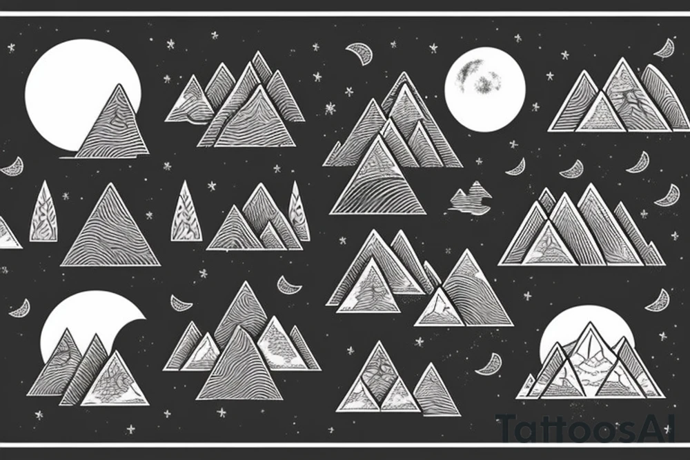 a few pieces of wheat in front of a mountain with a forest around it at night with the moon shining down tattoo idea