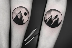 a few pieces of wheat in front of a mountain with a forest around it at night with the moon shining down tattoo idea