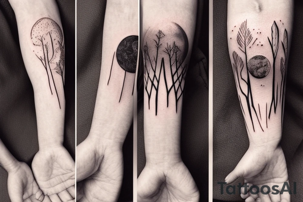 a few pieces of wheat in front of a mountain with a forest around it at night with the moon shining down tattoo idea