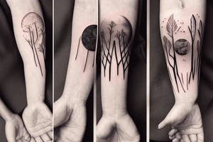 a few pieces of wheat in front of a mountain with a forest around it at night with the moon shining down tattoo idea