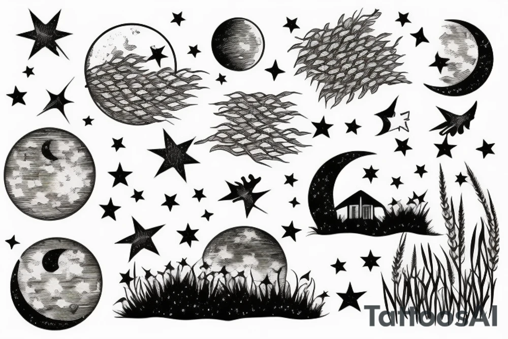 wheat scenery at night with moon and stars tattoo idea