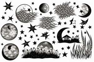 wheat scenery at night with moon and stars tattoo idea