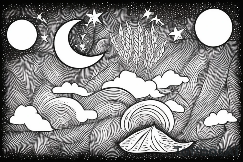 wheat scenery at night with moon and stars tattoo idea