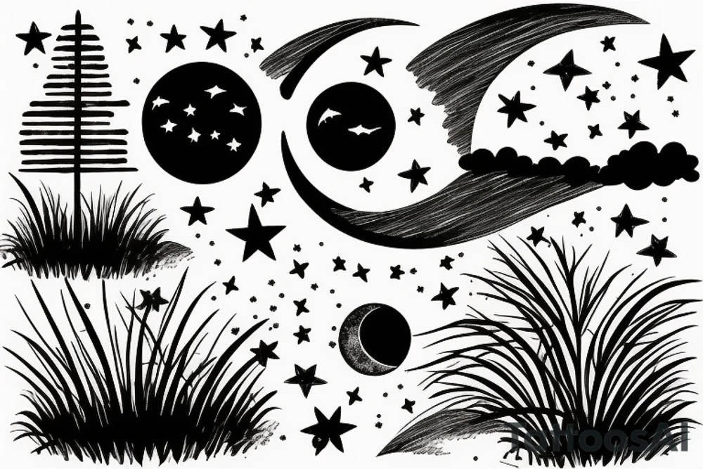 wheat scenery at night with moon and stars tattoo idea