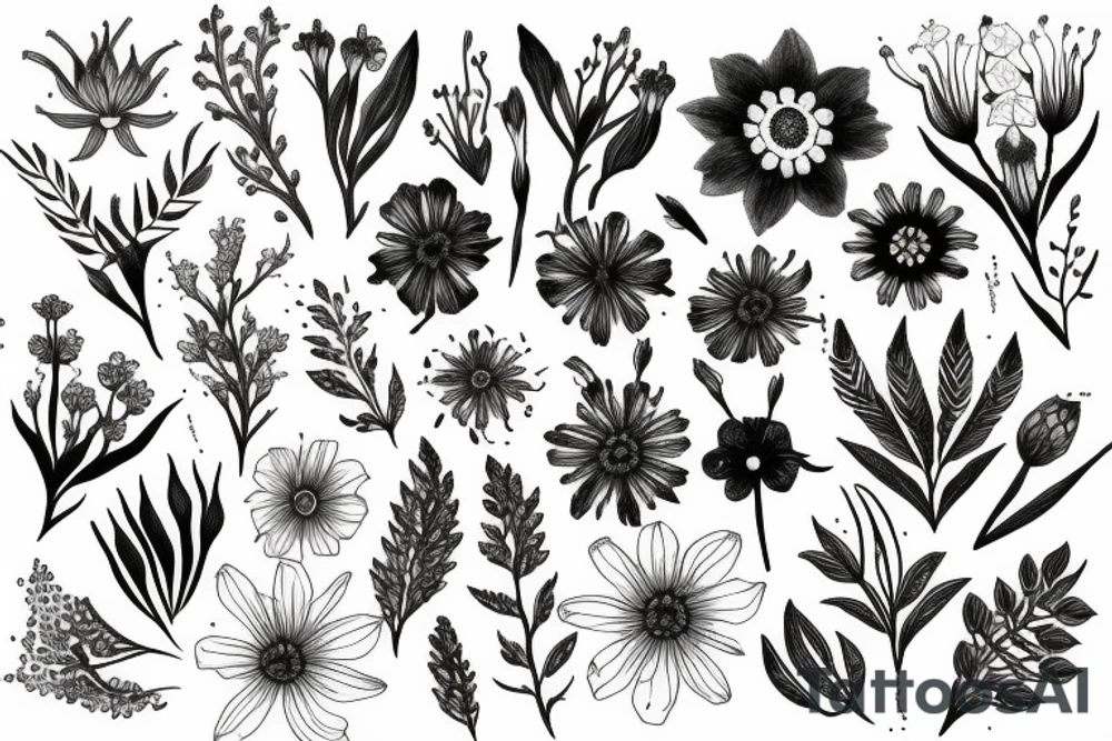 Wild flowers, botanical painting tattoo idea