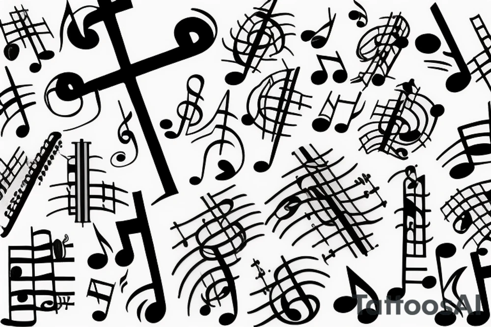 Cross with music notes from piano tattoo idea
