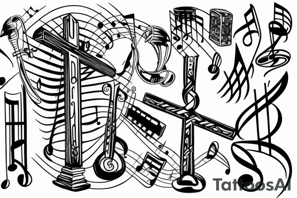 Cross with music notes from piano tattoo idea