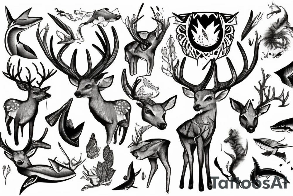 Mythical being that is a mix of deer and shark tattoo idea