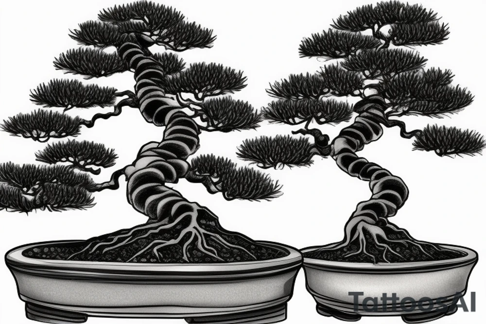Japanese's bonsai tree with 5 roots. one side of the bonsai is dying tattoo idea