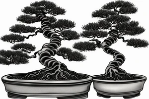 Japanese's bonsai tree with 5 roots. one side of the bonsai is dying tattoo idea