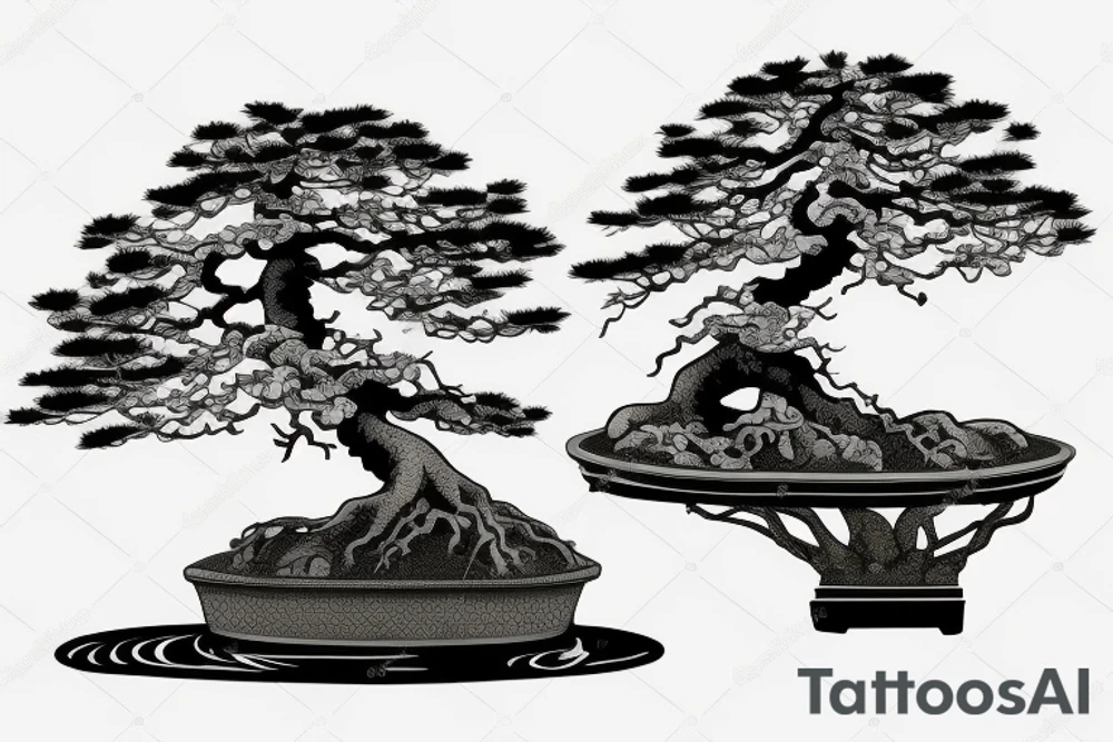 Japanese's bonsai tree with 5 roots. one side of the bonsai is dying tattoo idea