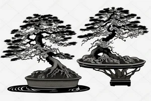 Japanese's bonsai tree with 5 roots. one side of the bonsai is dying tattoo idea